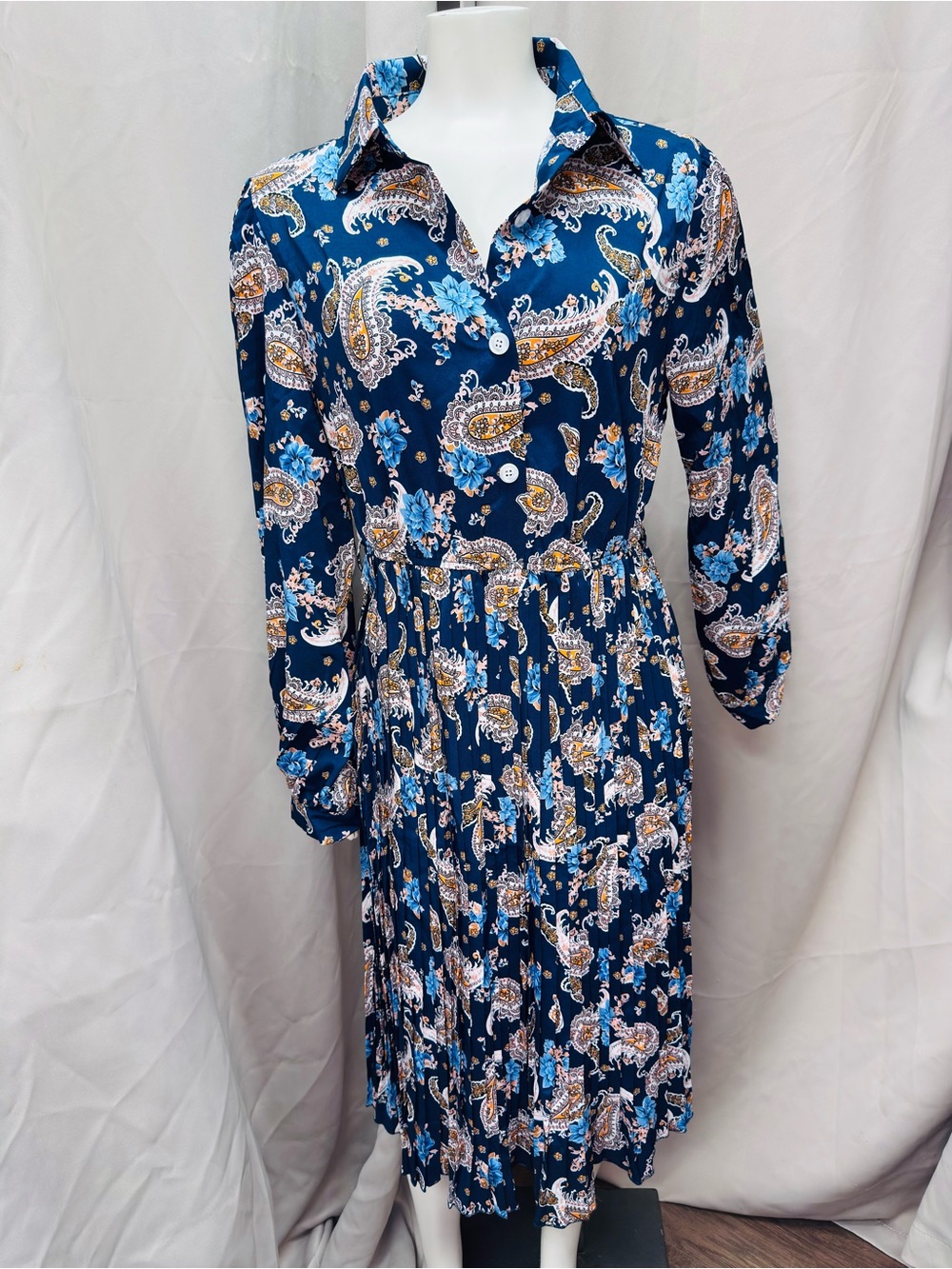 Sicilica Navy Paisley Button-Front Long Sleeve Midi Dress with Collar